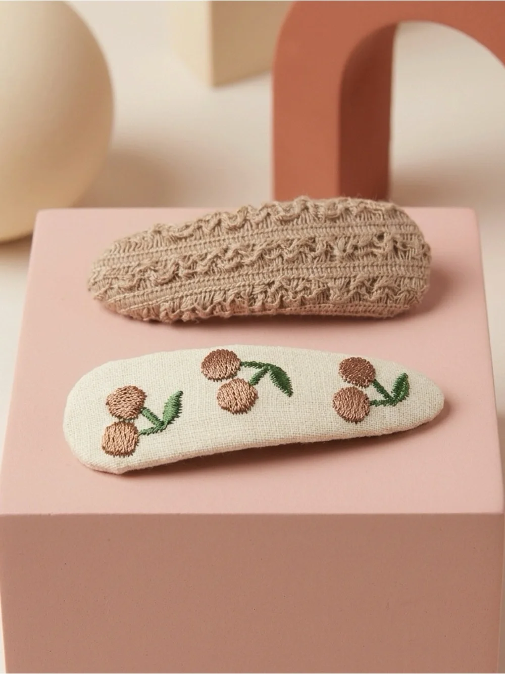 Girls Cherry Embroidered & Knit Fabric Snap Hair Clips Set of 2 Coquette